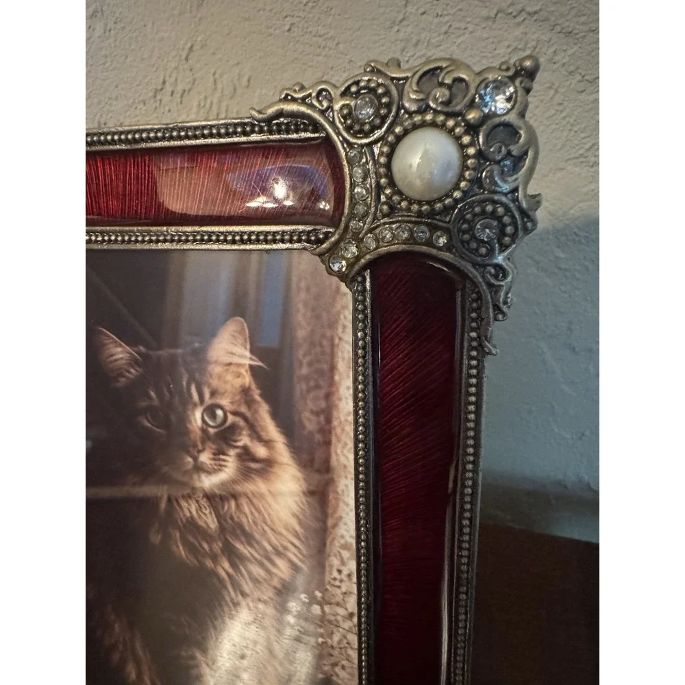 Vintage Bombay Company Red Enamel Rhinestone Pearl Ornate Picture Frame 4x6